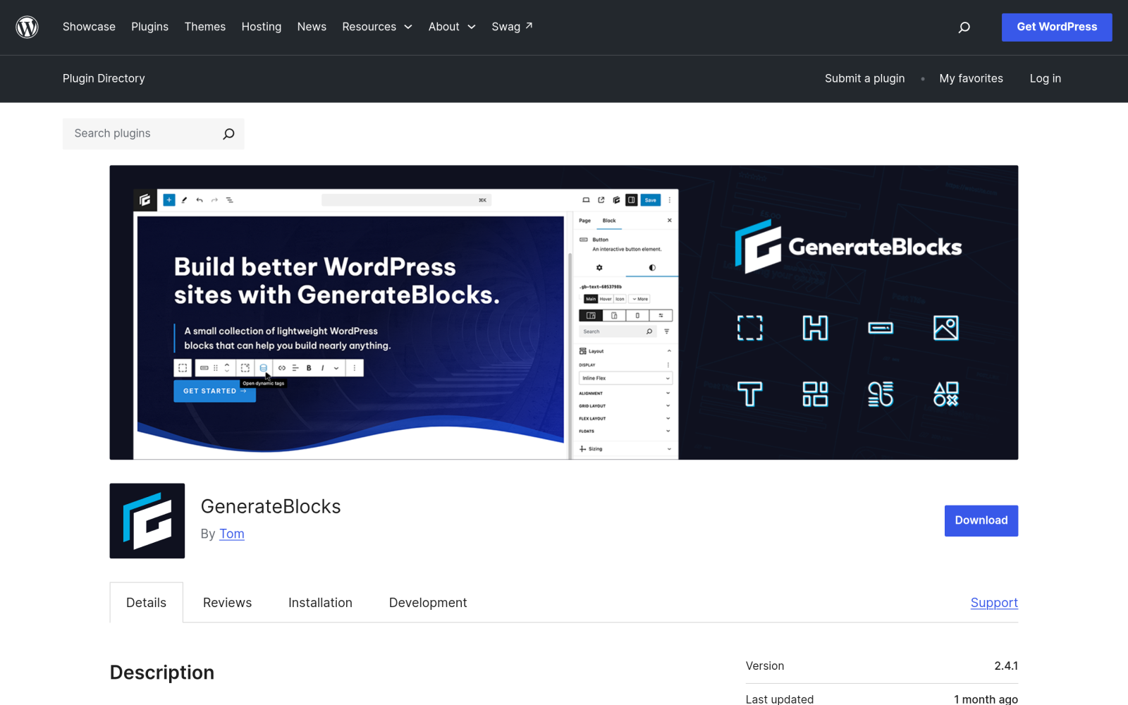 GenerateBlocks plugin page on WordPress.org
