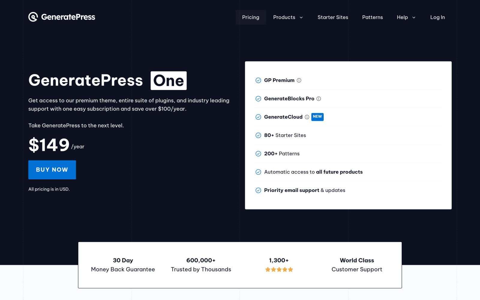 GeneratePress One pricing page listing GenerateBlocks Pro in the 149 dollar yearly bundle