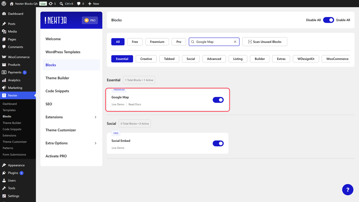 The Nexter Blocks settings page filtered to the Google Map block
