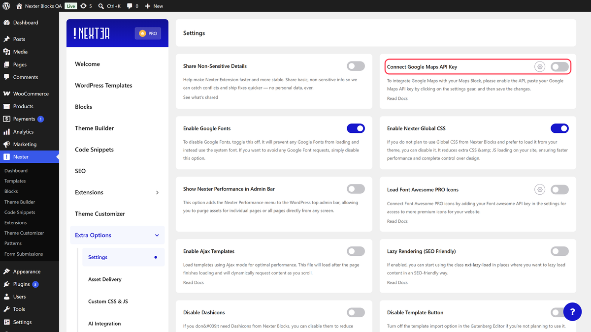 The Connect Google Maps API Key switch in Nexter Extra Options Settings