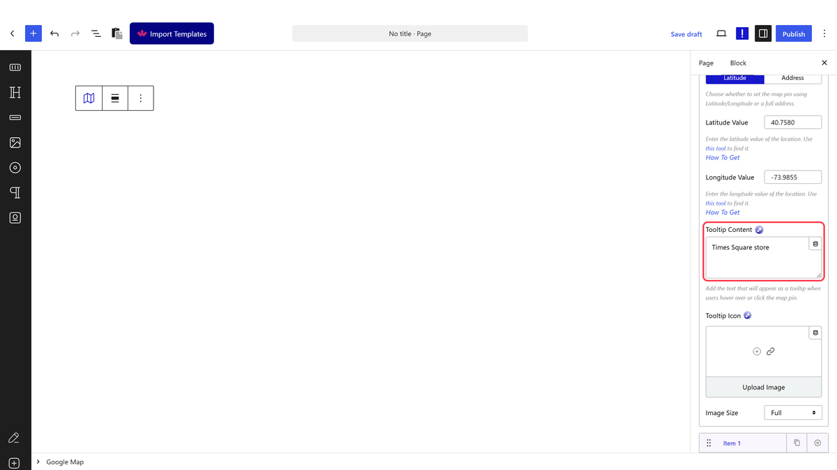 Two pins in the Pins list of the Google Map block