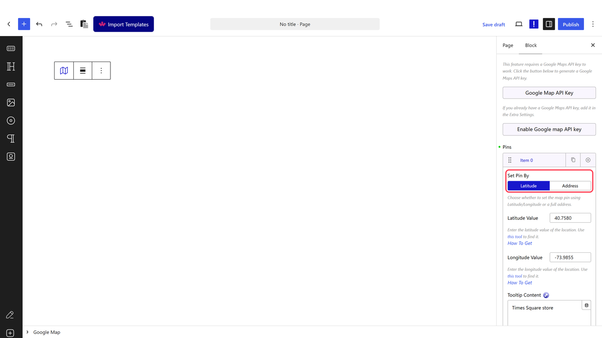 The Pins list of the Google Map block with the first pin open