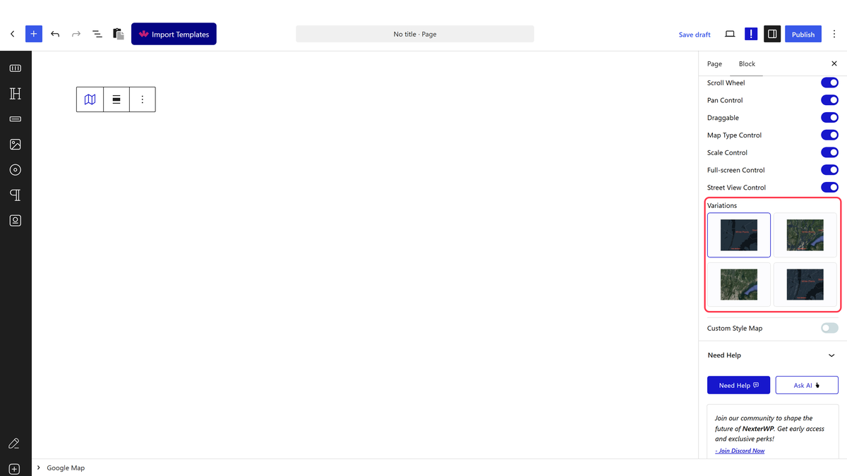 The Map panel on the Style tab with the map control switches and Variations