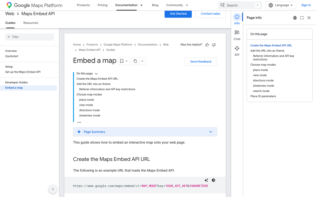 Google Maps Embed API documentation page for embedding a map iframe