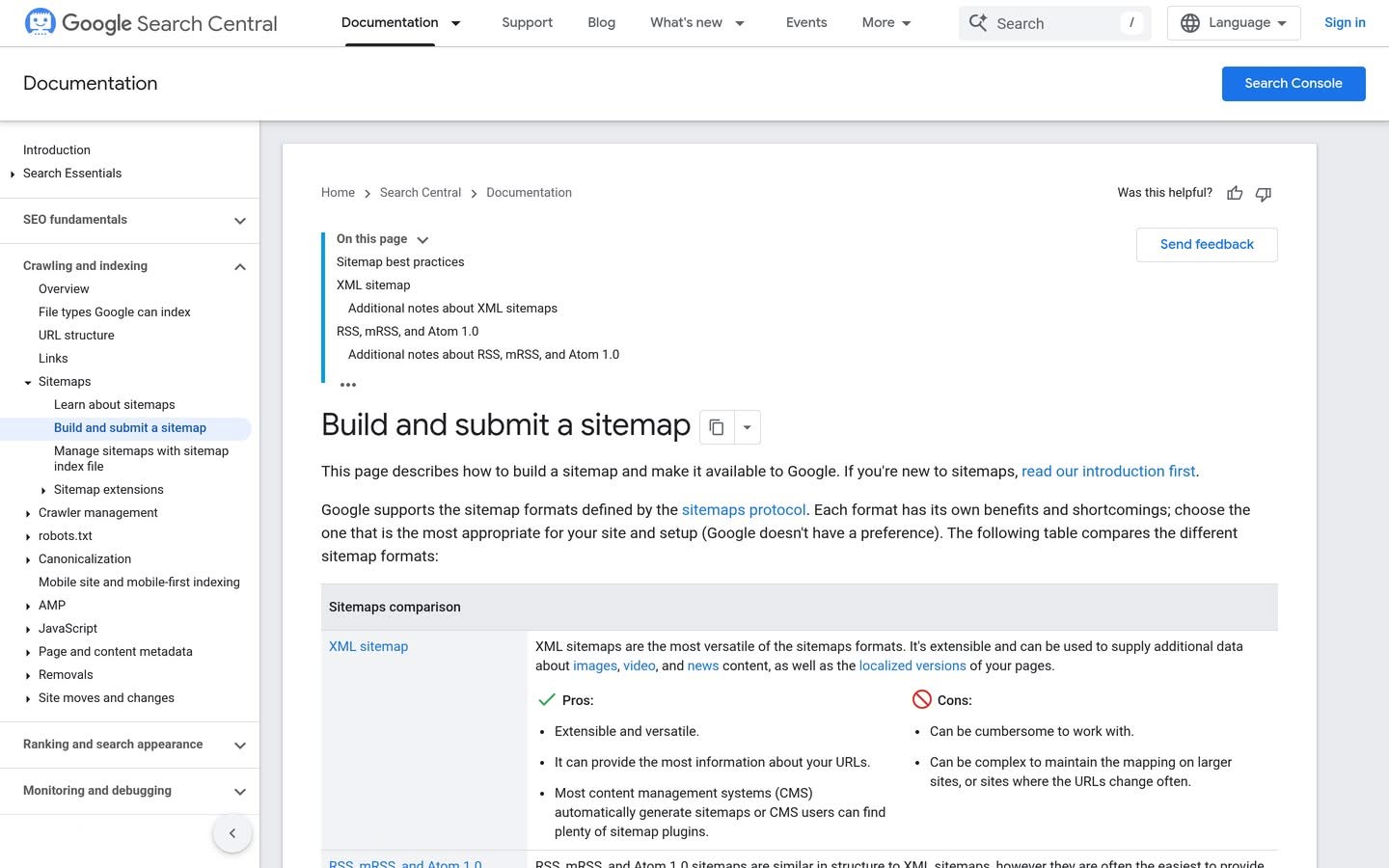 Google Search Central documentation on building and submitting a sitemap, showing the size limits and submission methods