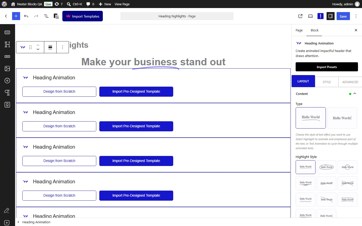 Nexter Blocks Heading Animation editor: Layout tab with the Type picker set to Highlight and the Highlight Style tiles