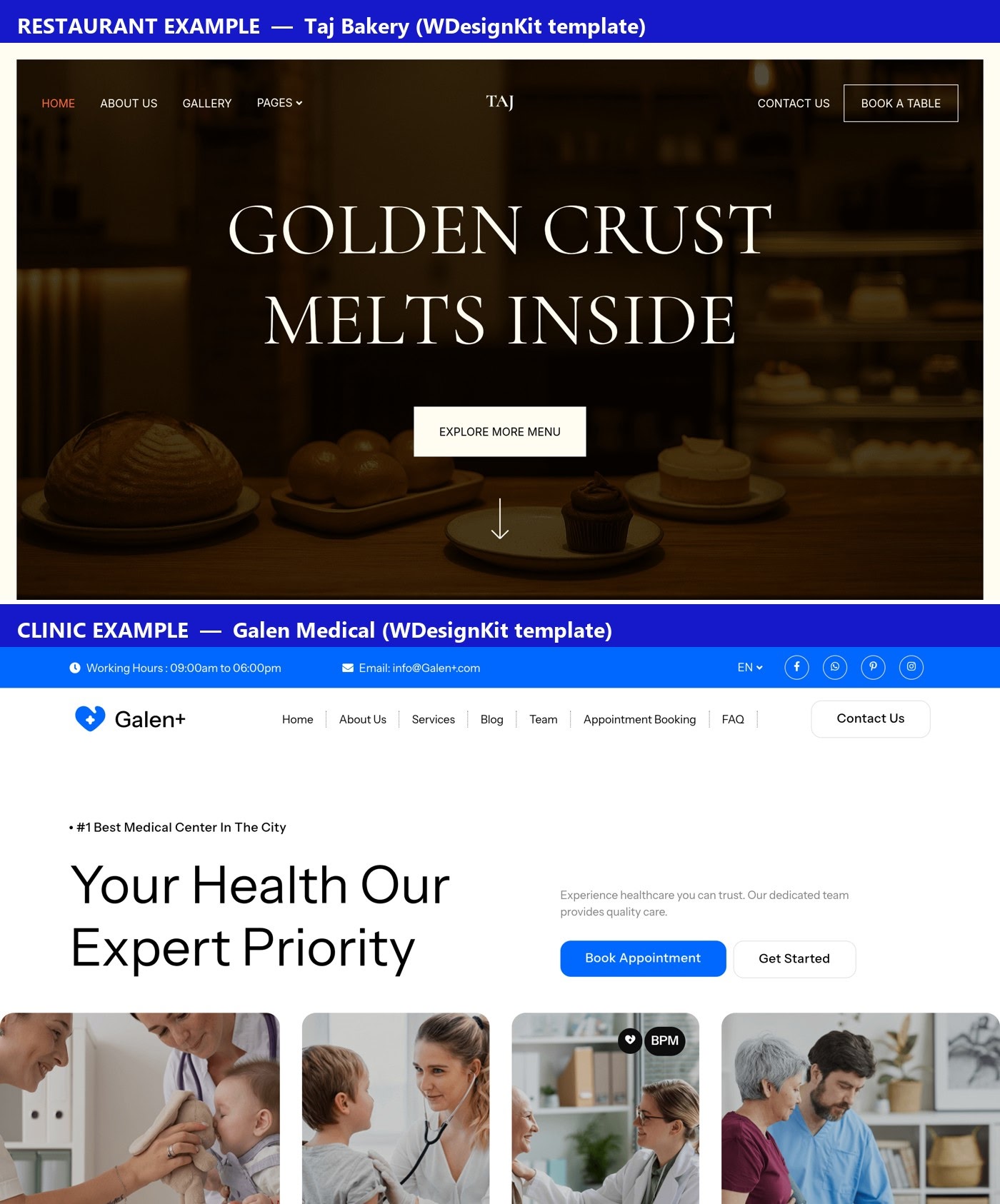 Real restaurant and clinic homepage examples built with Nexter starter templates, Taj Bakery and Galen Medical