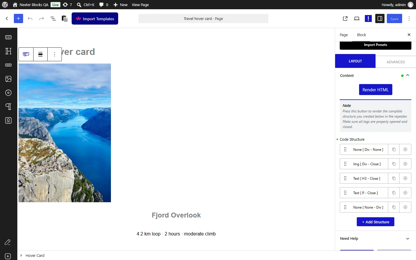 Nexter Blocks Hover Card editor: five Code Structure rows, an outer Div wrapping an image, a heading and a paragraph, rendered in the canvas