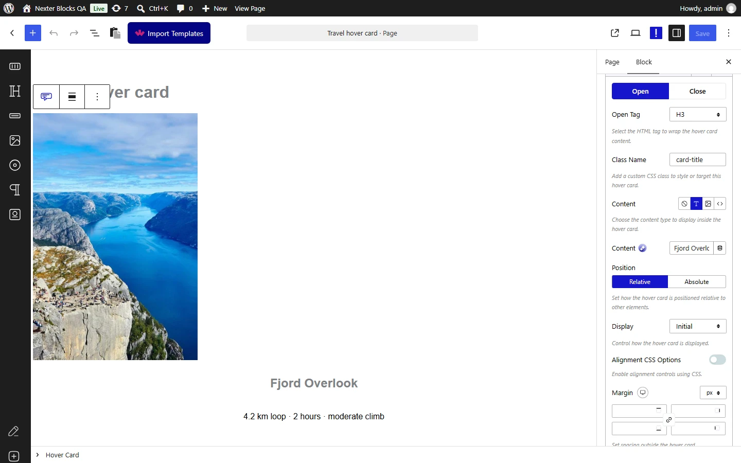 Nexter Blocks Hover Card editor: an H3 row with Content set to Text and the text Fjord Overlook