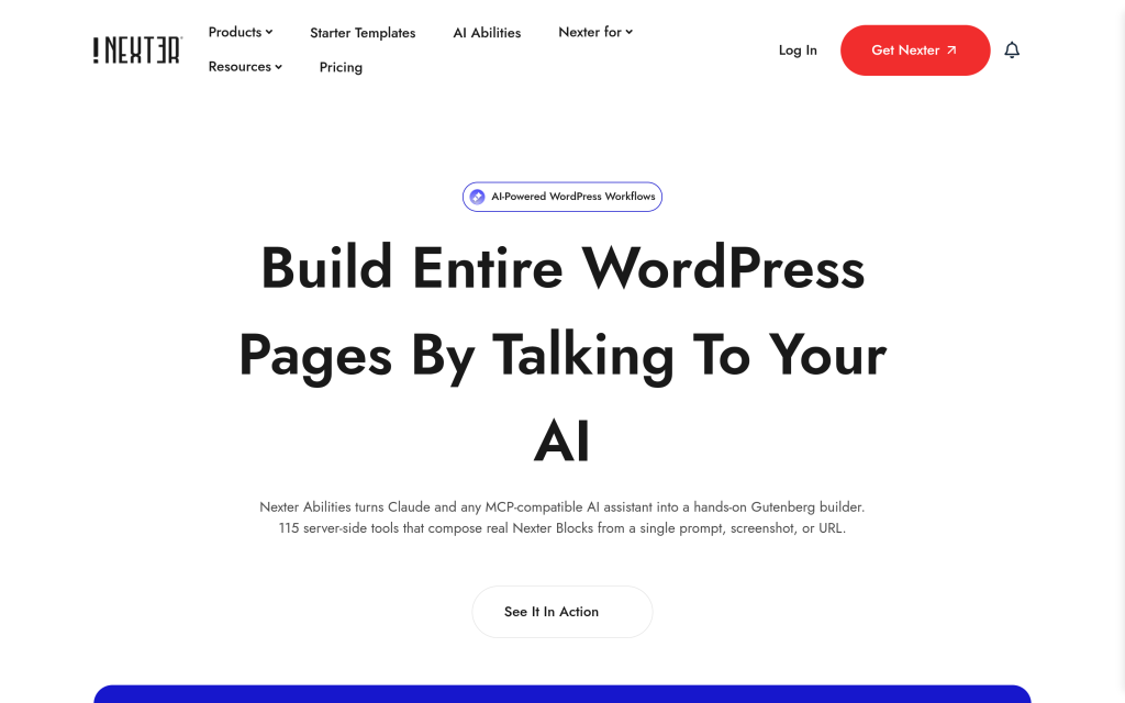 Nexter Abilities product page describing 115 server-side MCP tools for building WordPress pages by prompt