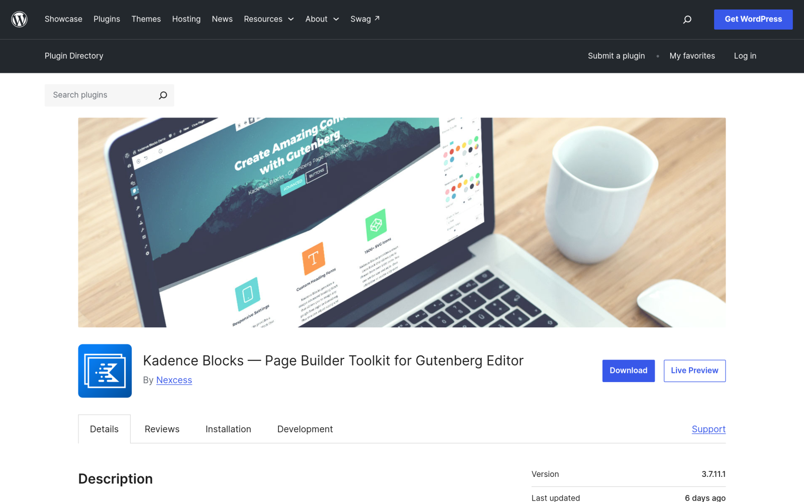 Kadence Blocks plugin page on WordPress.org