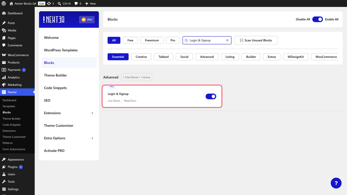 The Nexter Blocks settings page filtered to the Login & Signup block