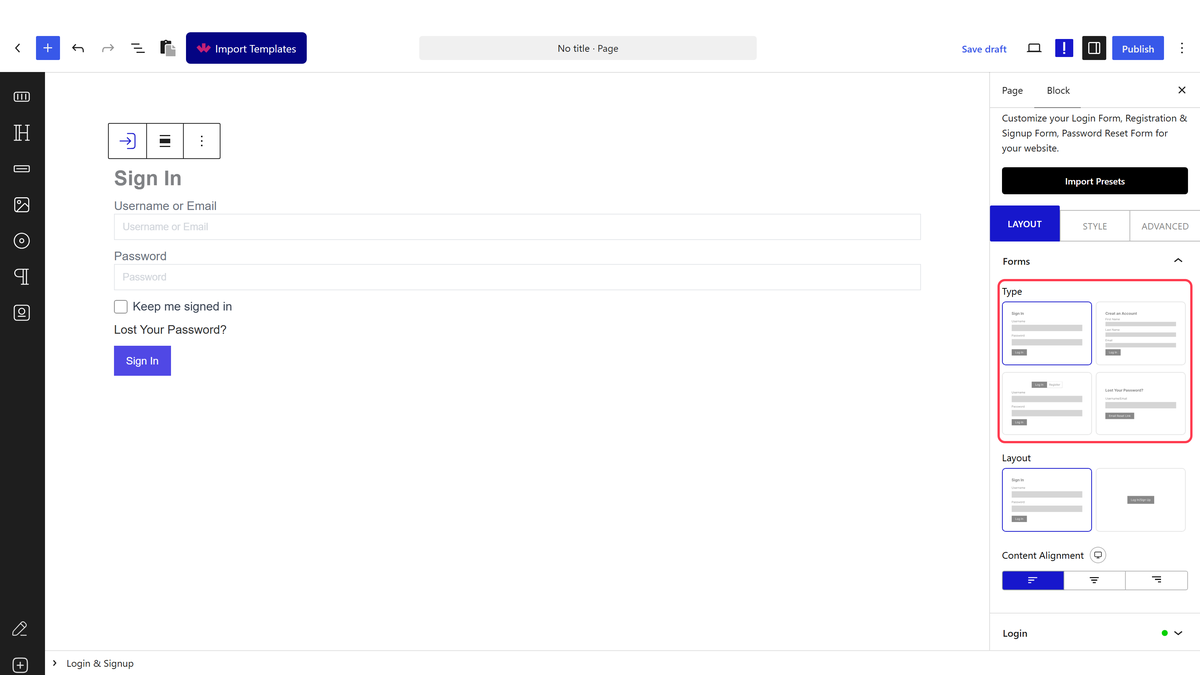 The Forms panel with Type, Layout and Content Alignment