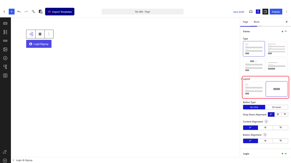 Layout set to Button with Button Type and alignment settings