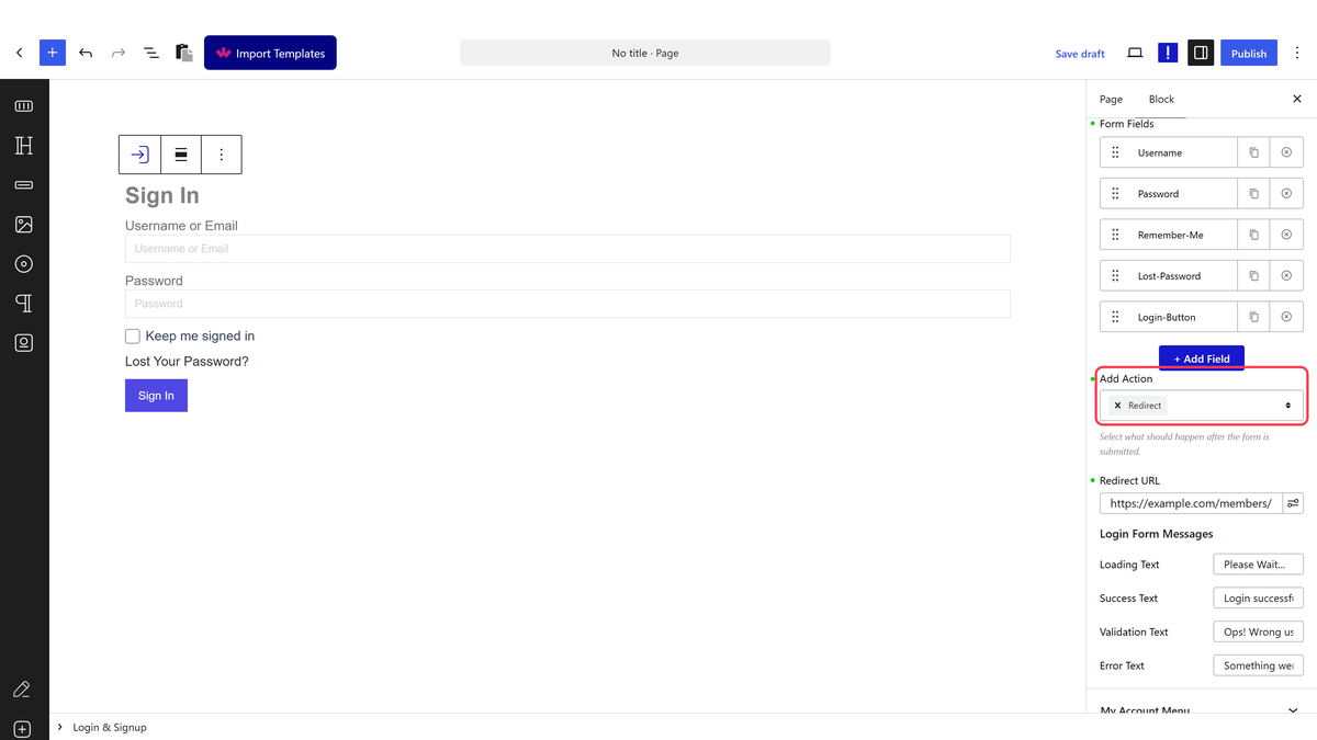 The Login tab with Redirect chosen in Add Action and the Redirect URL field