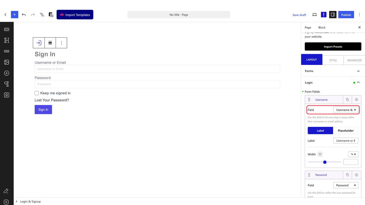 The Login tab with the form fields list and the Field dropdown