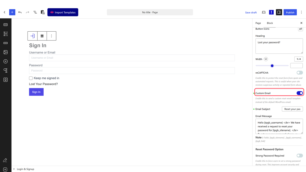 Custom Email turned on with the Email Subject and Email Message fields