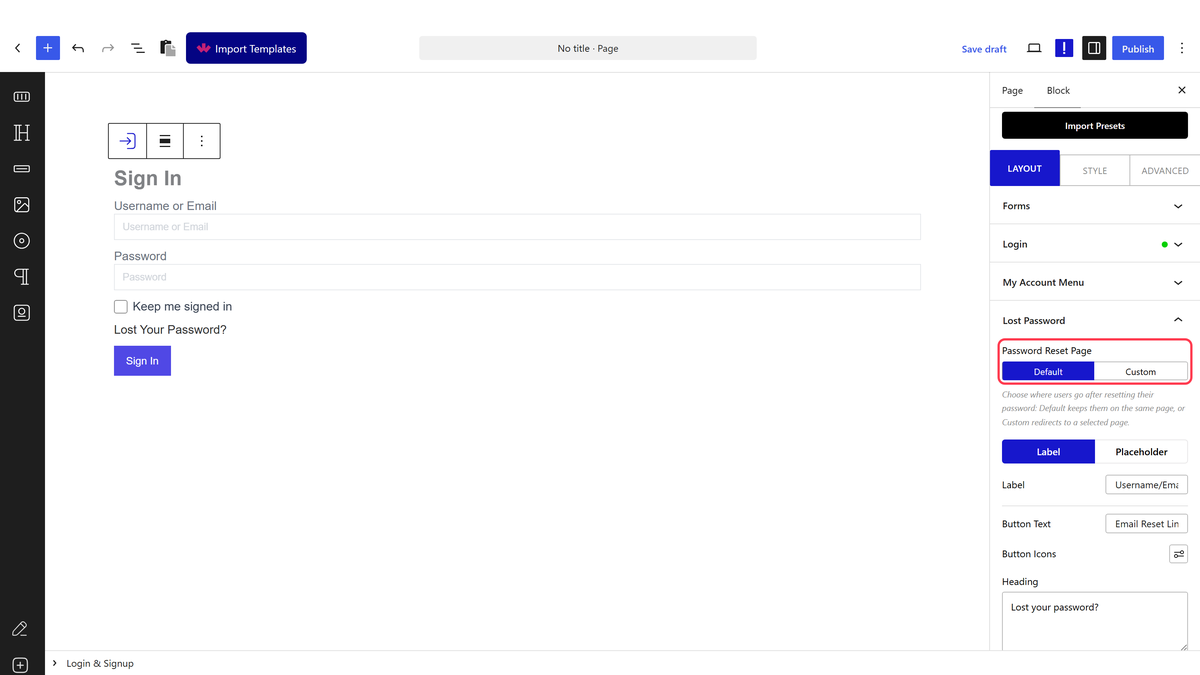 The Lost Password tab with Password Reset Page and the form settings