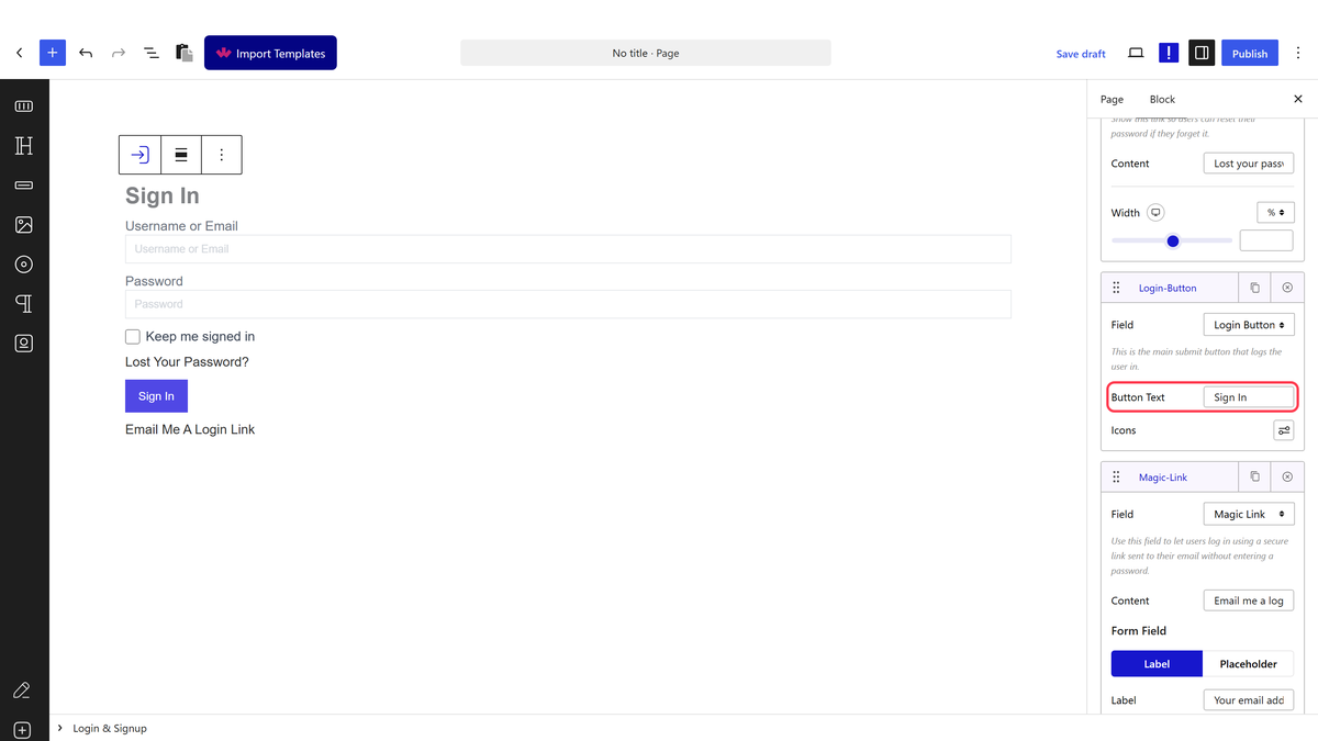 The Login tab with a Magic Link field and its email settings