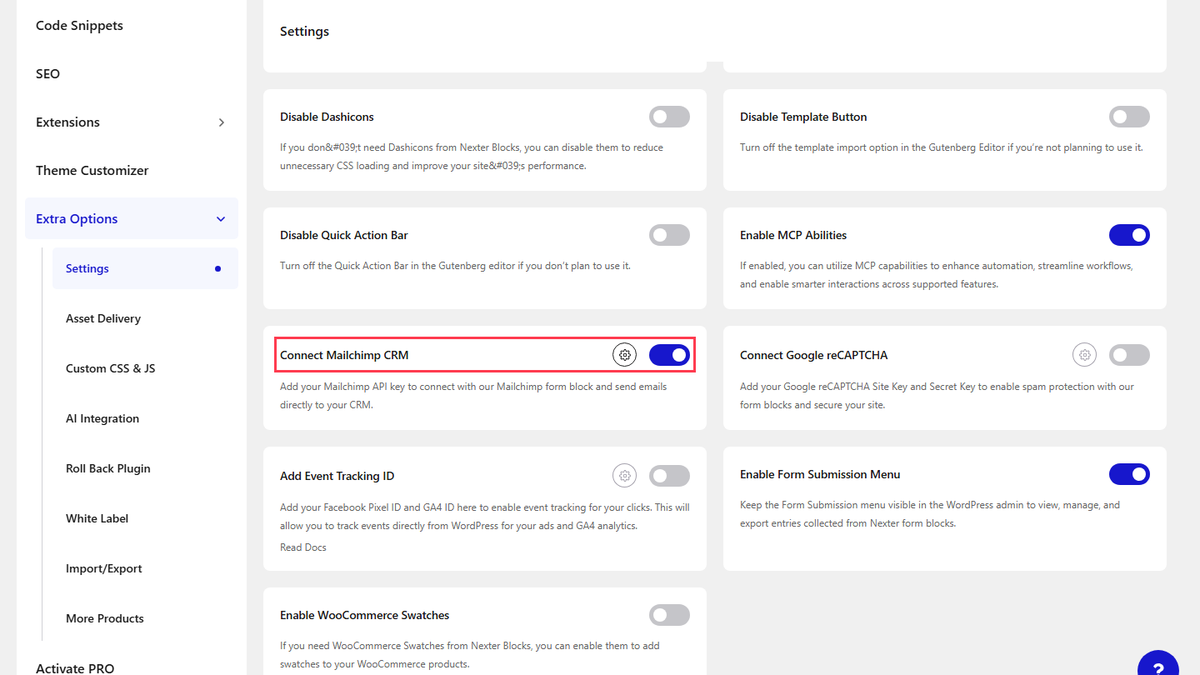 The Connect Mailchimp CRM card in Nexter Extra Options settings