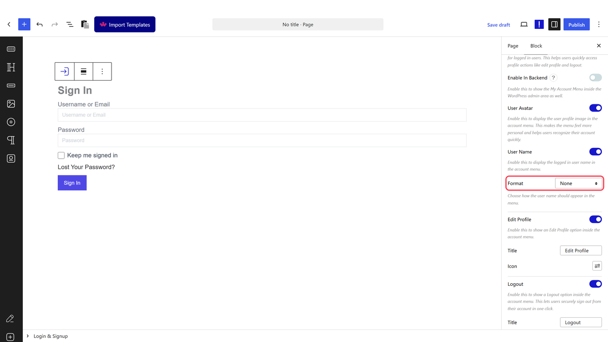 The My Account Menu panel with avatar, user name and Format settings