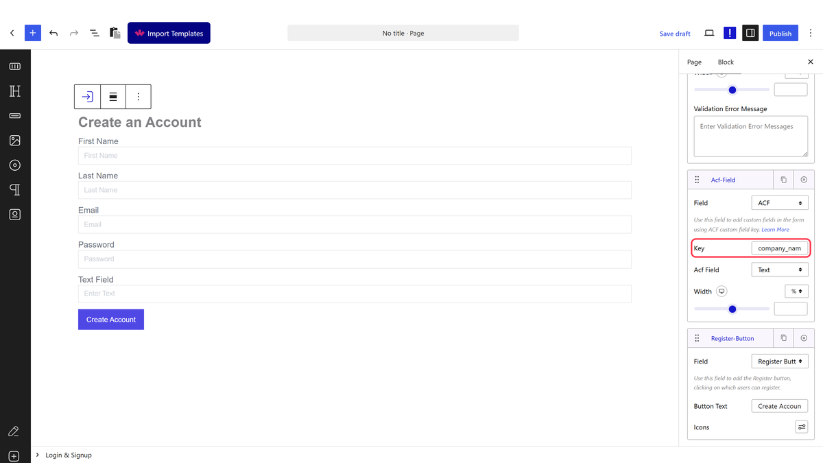 The Register tab with an ACF field and its Key and Acf Field settings