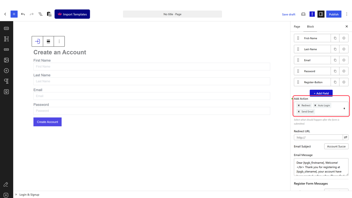The Register tab with Redirect, Auto Login and Send Email chosen in Add Action