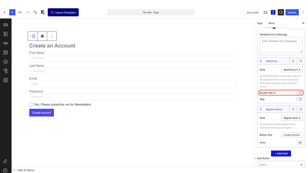 The Register tab with a MailChimp Subscribe field, Double Opt-In and Tags