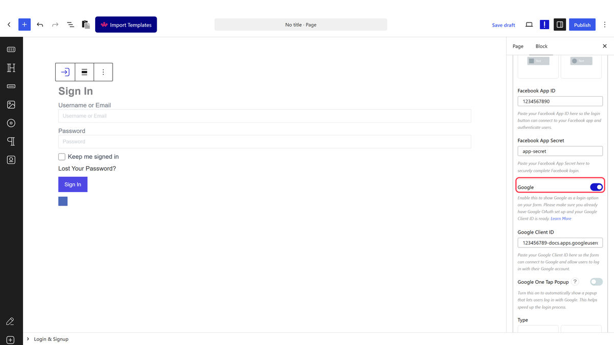 The Login tab with a Social Login field and the Facebook settings