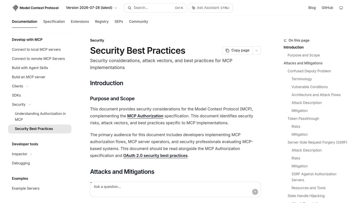 The Model Context Protocol security best practices specification listing named attack classes and their required mitigations
