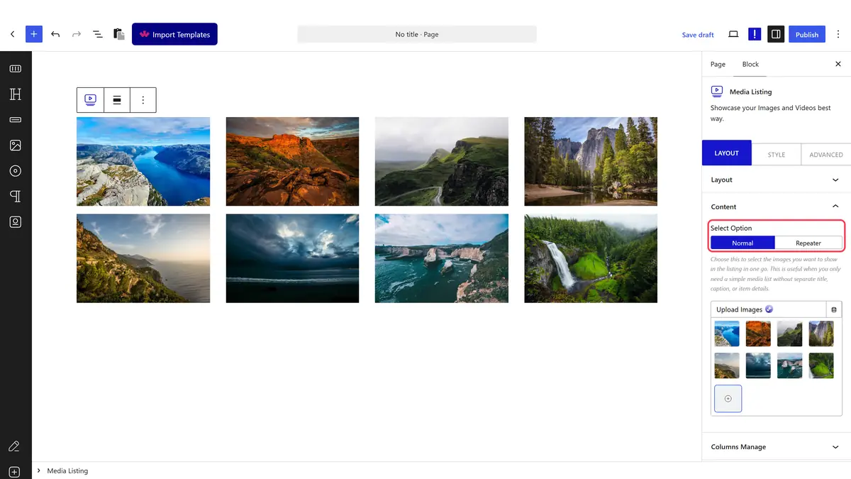The Content panel with Select Option set to Normal and images chosen