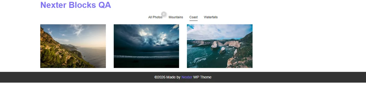 The same gallery after clicking the Coast tab, showing only the three Coast photos