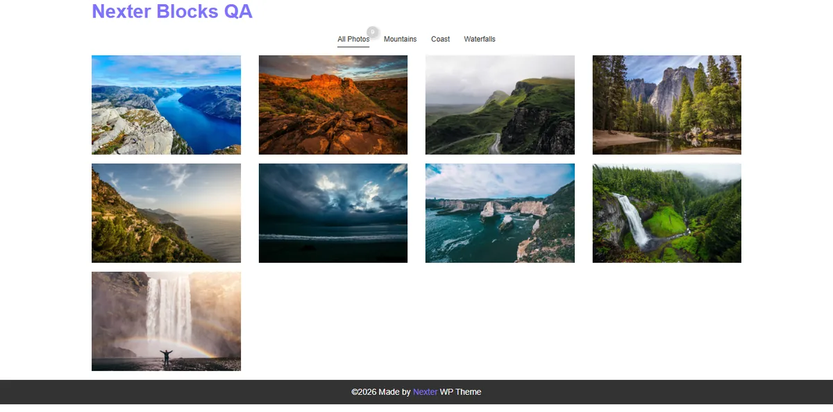 A gallery with All, Mountains, Coast and Waterfalls filter tabs