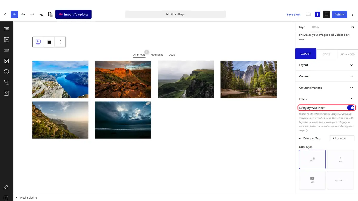 The Filters panel with Category Wise Filter switched on