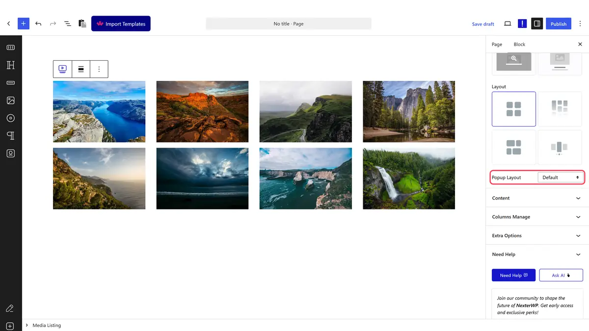 The Popup Layout setting with Default and No