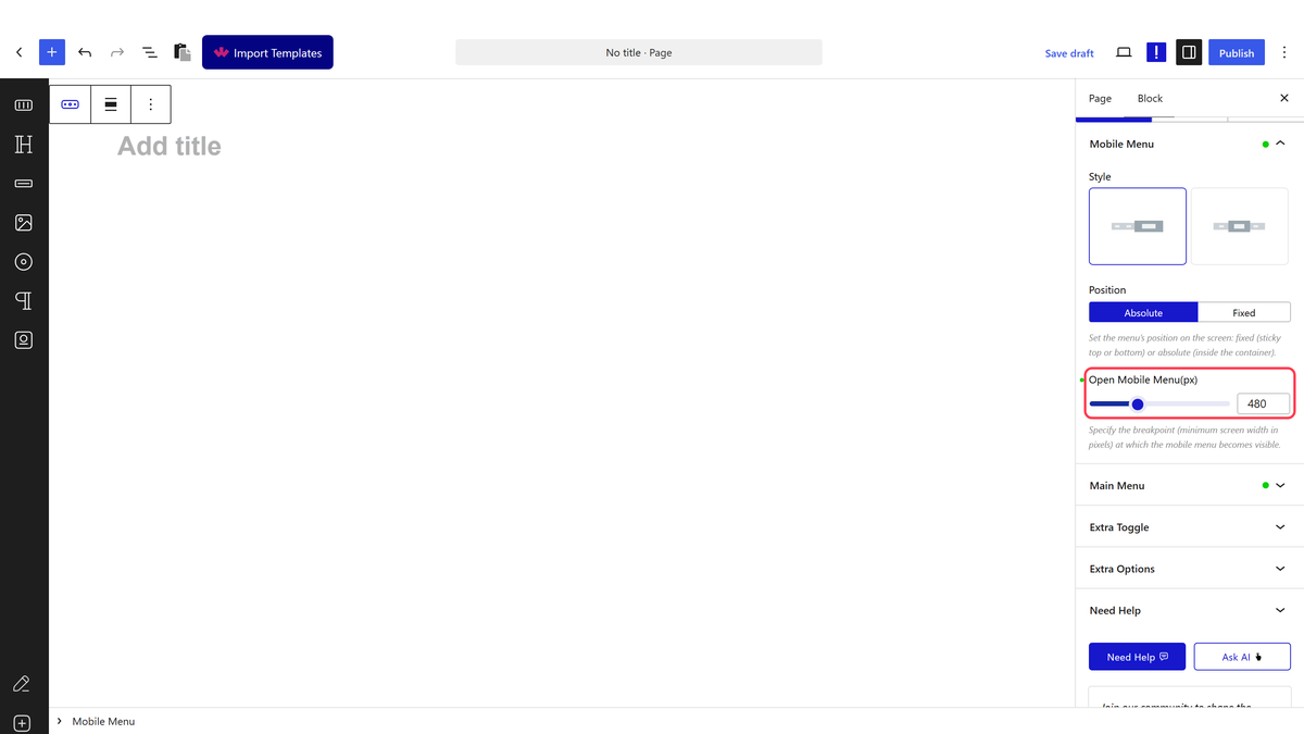 The Open Mobile Menu(px) breakpoint setting