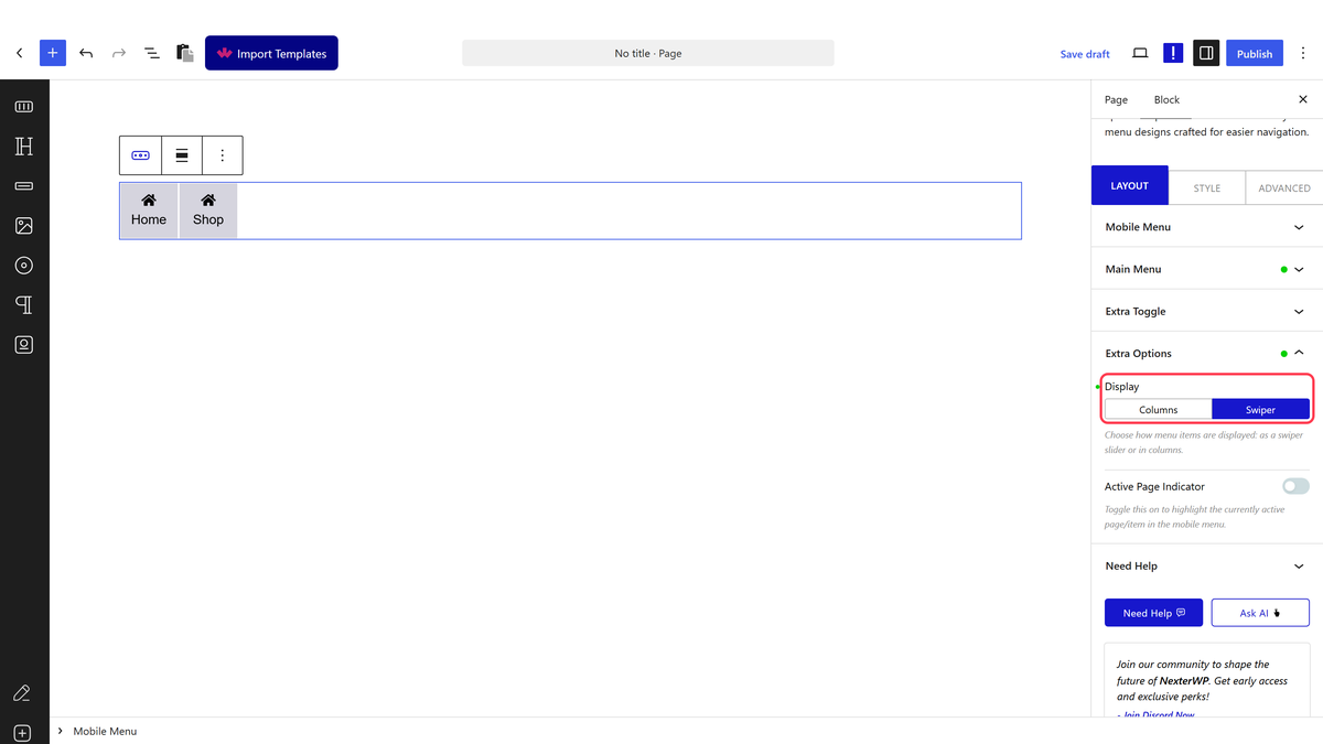 The Extra Options panel with Display and Active Page Indicator