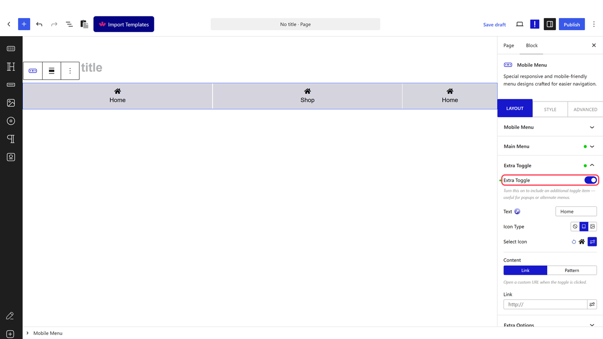 The Extra Toggle panel with its pattern and direction settings