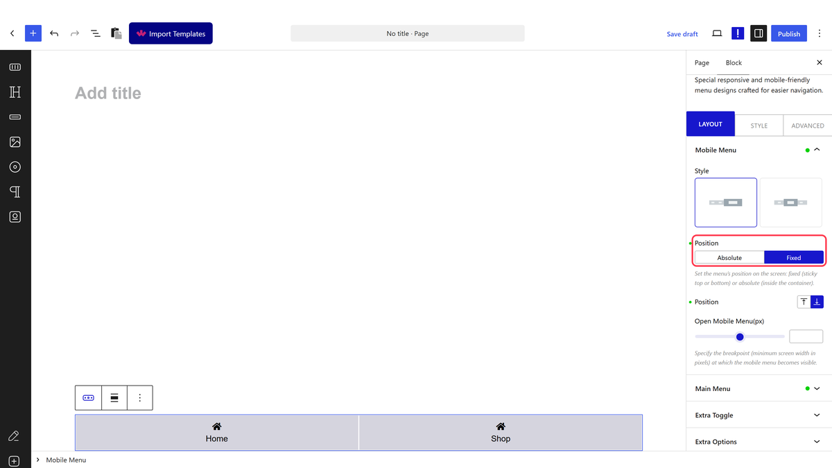 The Position setting with fixed and bottom
