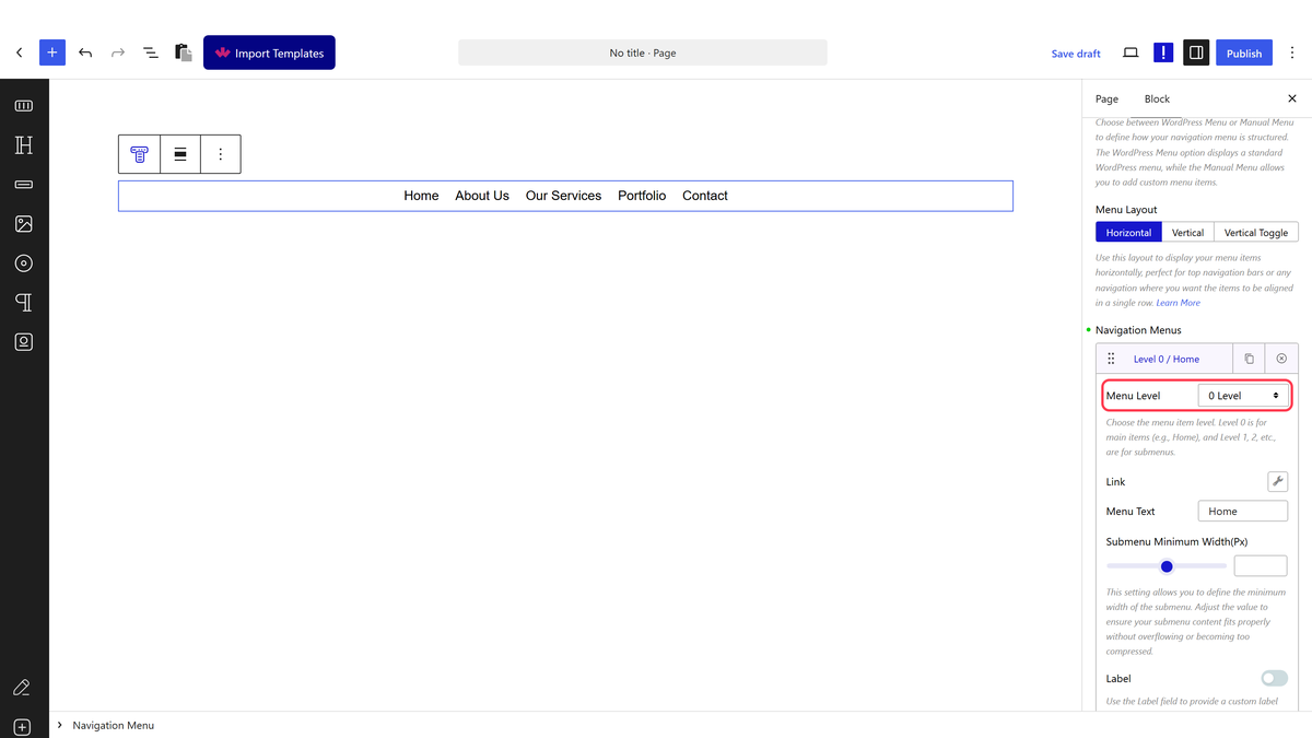 A menu item opened with Menu Level, Link and Menu Text