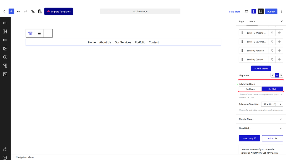 Submenu Open set to On Click in the Navigation Content panel