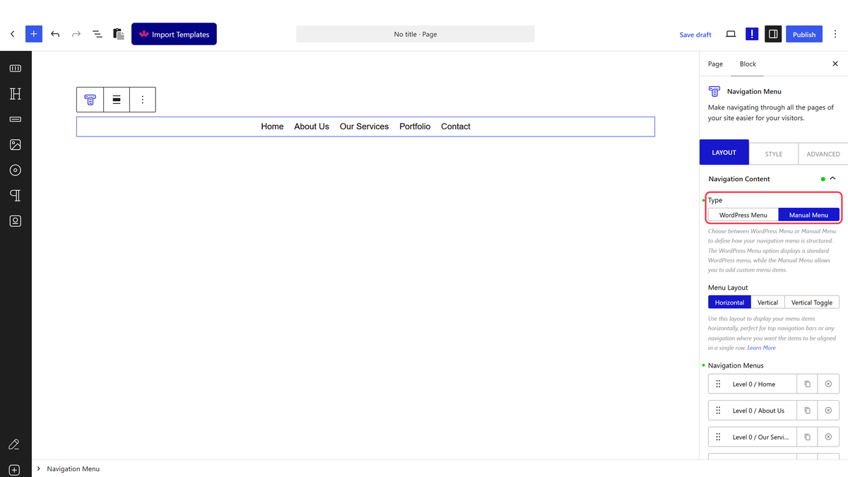 The Navigation Content panel with Type, Menu Layout and the Navigation Menus list