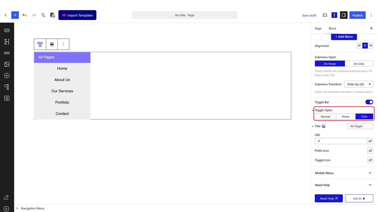 Toggle Bar settings with Toggle Open set to Click