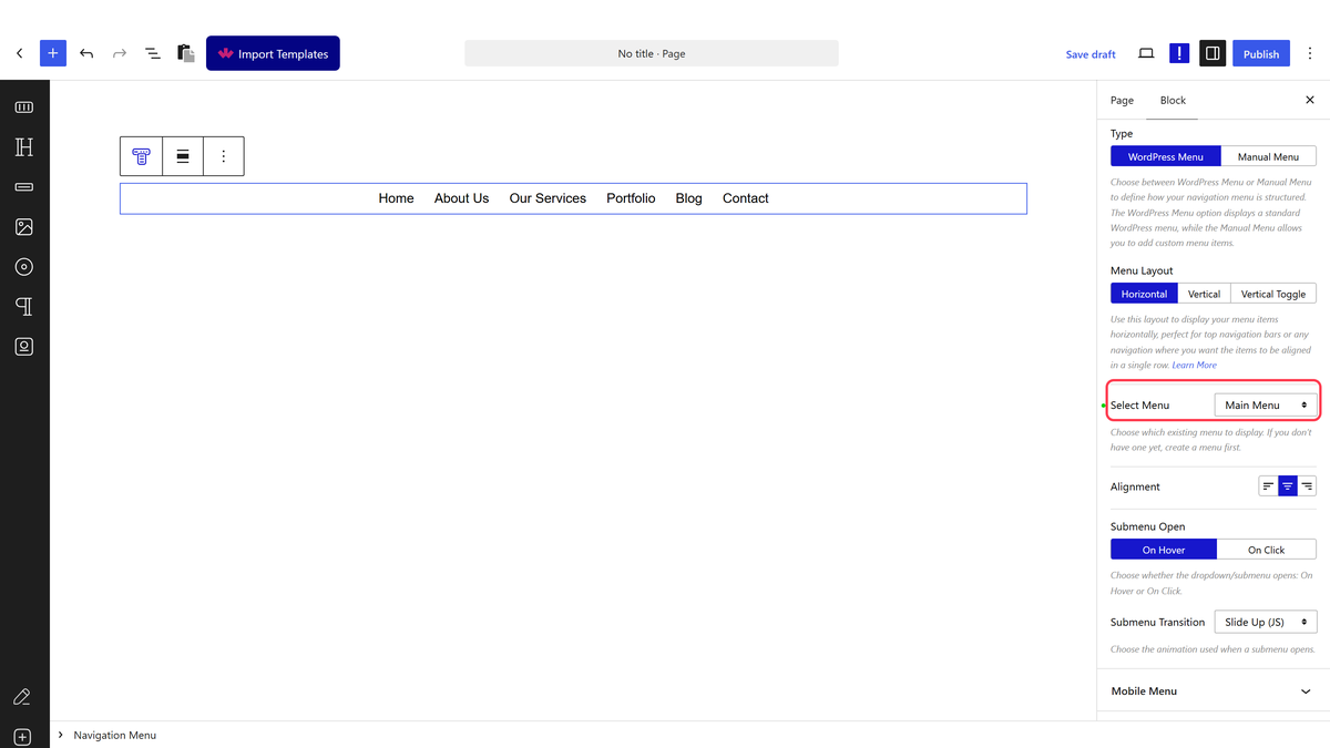 Type set to WordPress Menu with a menu chosen in Select Menu