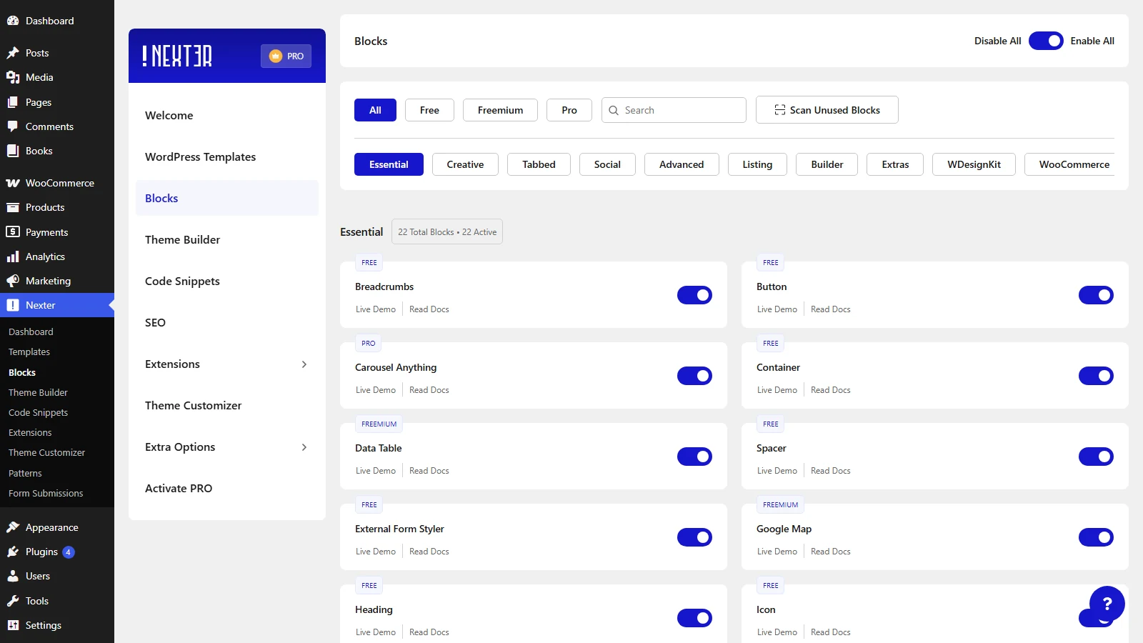 Nexter Blocks dashboard Blocks screen with Free, Freemium and Pro labels and a Scan Unused Blocks button