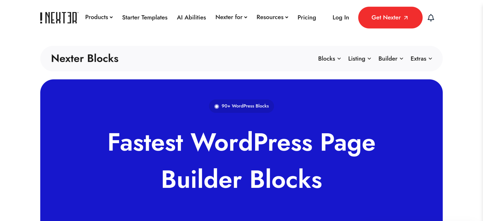 Nexter Blocks product page on nexterwp.com showing 90+ WordPress blocks