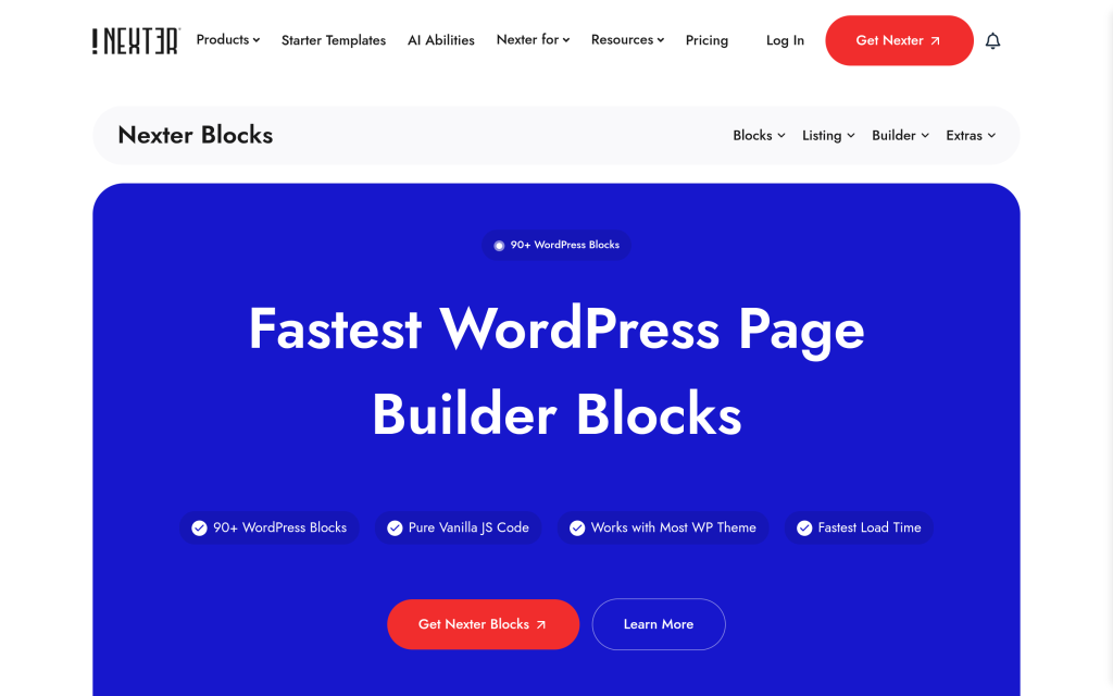Nexter Blocks library page listing available Gutenberg blocks including Post Listing