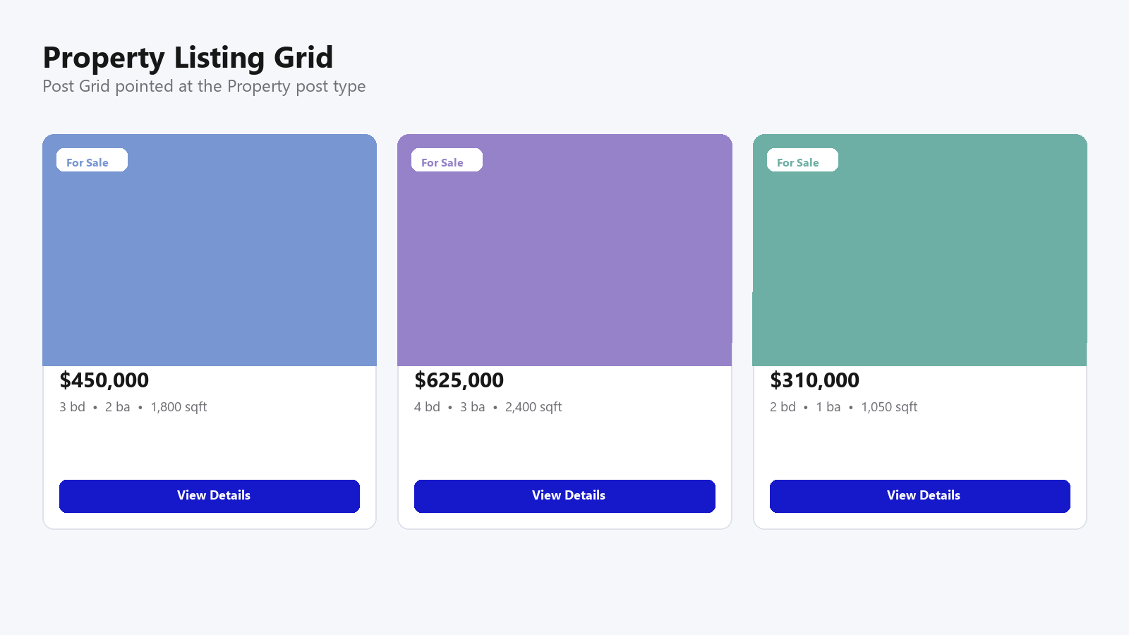 Property listing grid mockup built with Nexter Blocks Post Grid