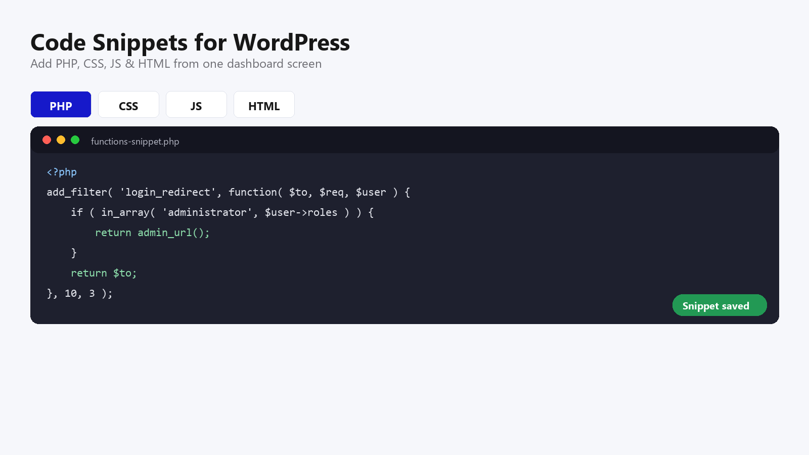 Nexter Extension code snippets editor with PHP, CSS, JS and HTML tabs