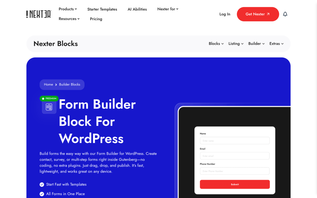 Nexter Blocks Form Builder block settings panel in the WordPress block editor